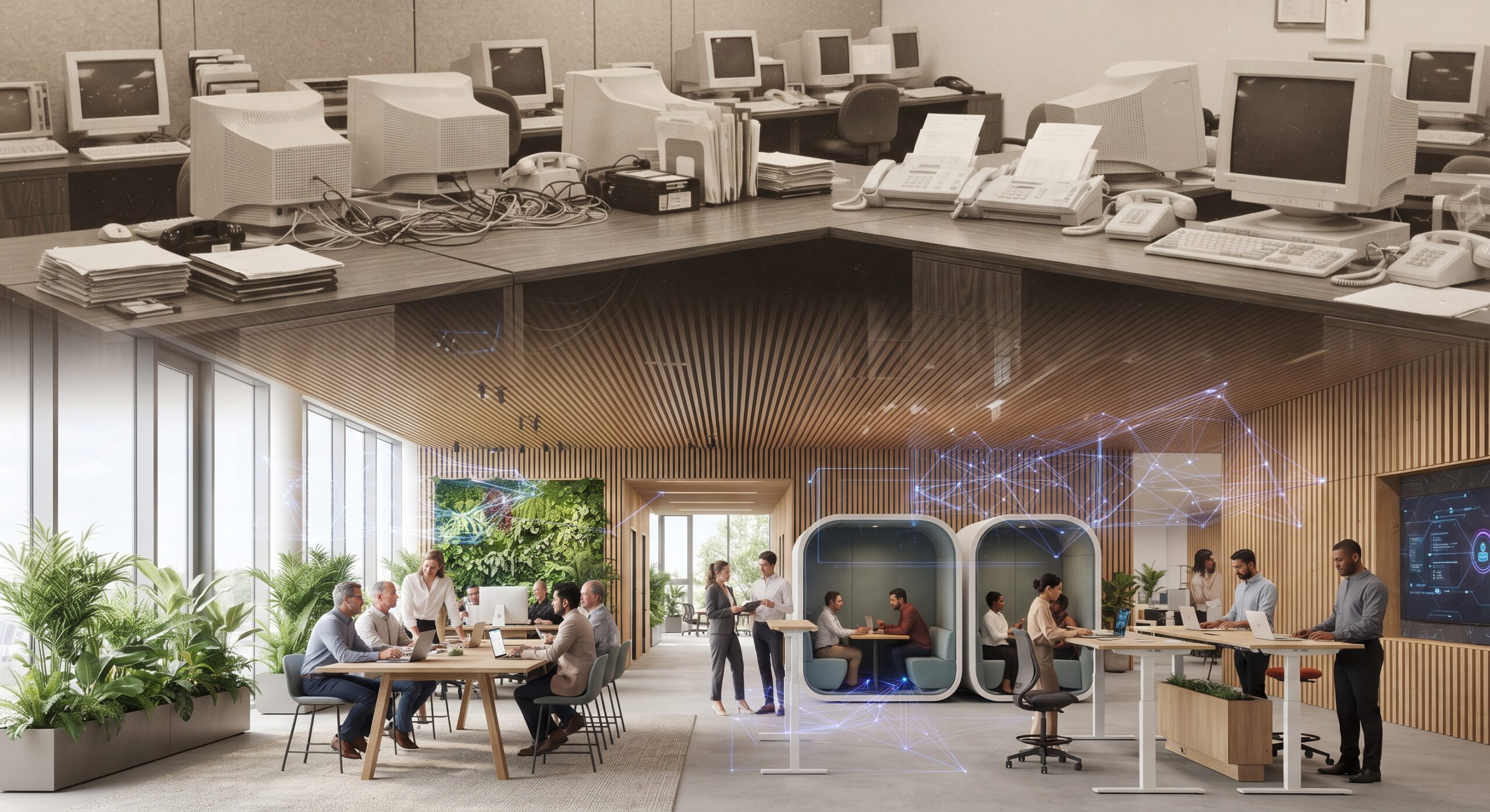 Ilustração da evolução do ambiente de trabalho, das mesas em L da era analógica ao escritório da era da inteligência artificial
