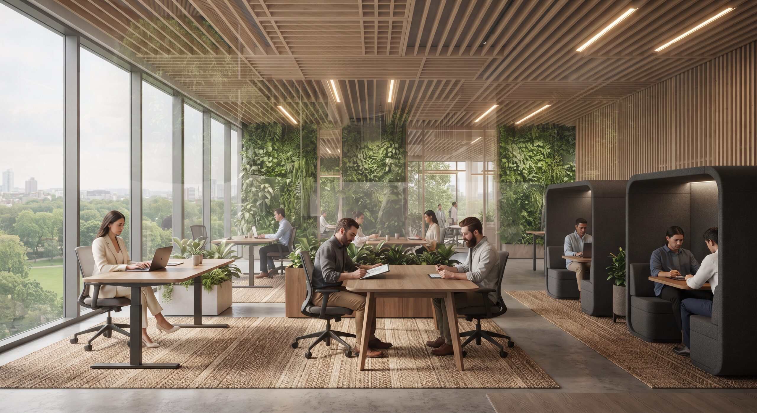 Ilustração de escritório com neuroarquitetura e biofilia: luz natural, vistas para a natureza, áreas silenciosas e materiais naturais que favorecem o foco das equipes