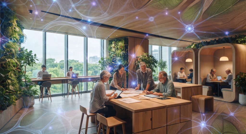 Ilustração do workplace como organismo vivo, com espaços adaptáveis que evoluem junto com a cultura organizacional